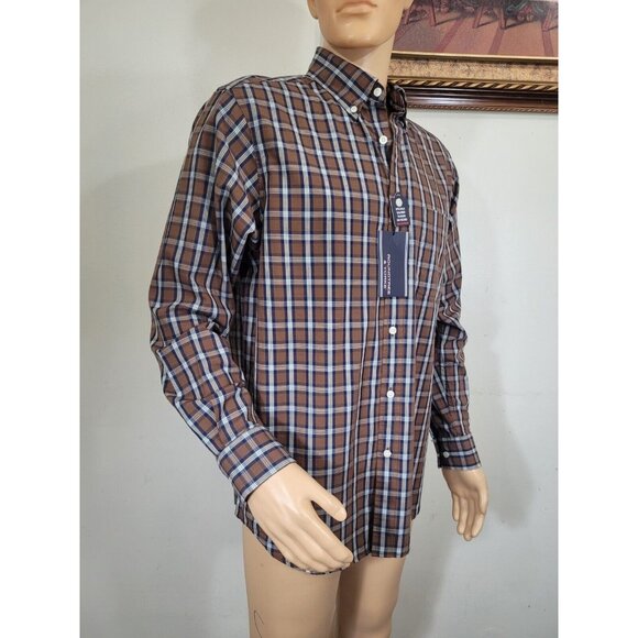 Roundtree & Yorke Mens size Large Brown Plaid Button-Down Cotton Shirt - Picture 9 of 10